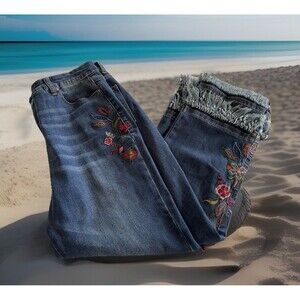 John Mark Embroidered Cropped Jeans Fringe Hem Stretch Groovy Hippie Boho SZ 14